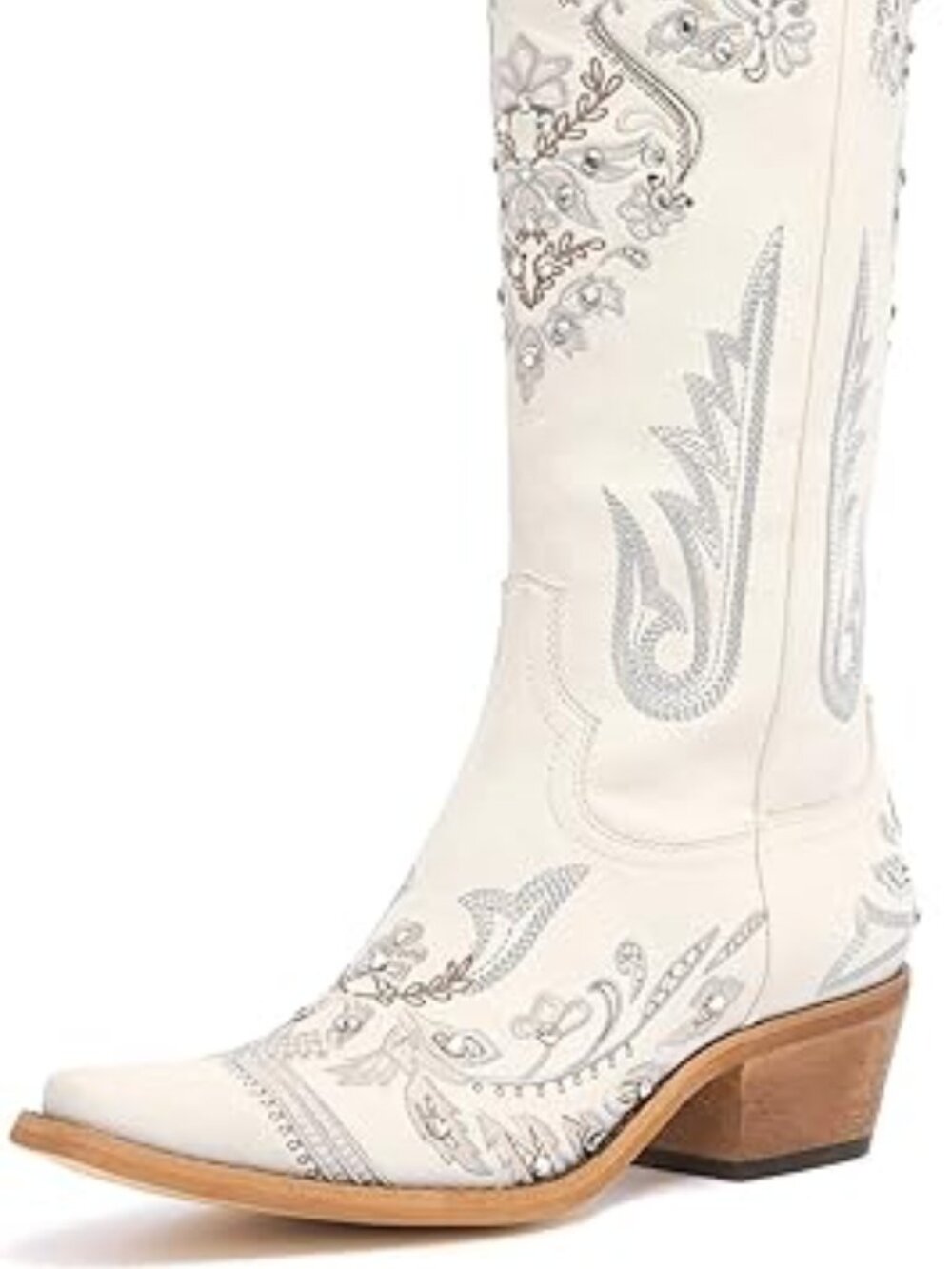 Women's White Embroidered Rhinestones Knee High Cowgirl Boots Pointed Toe - Picture 8 of 8